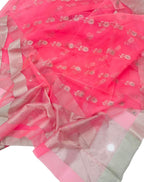 Pink Chanderi Handloom Pure Katan Organza Silk Saree - Luxurion World