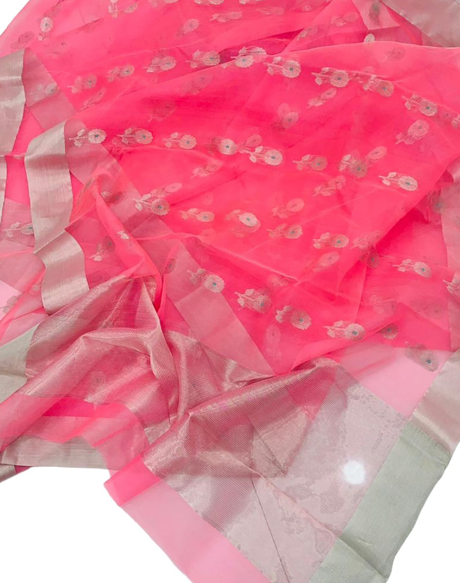 Pink Chanderi Handloom Pure Katan Organza Silk Saree - Luxurion World