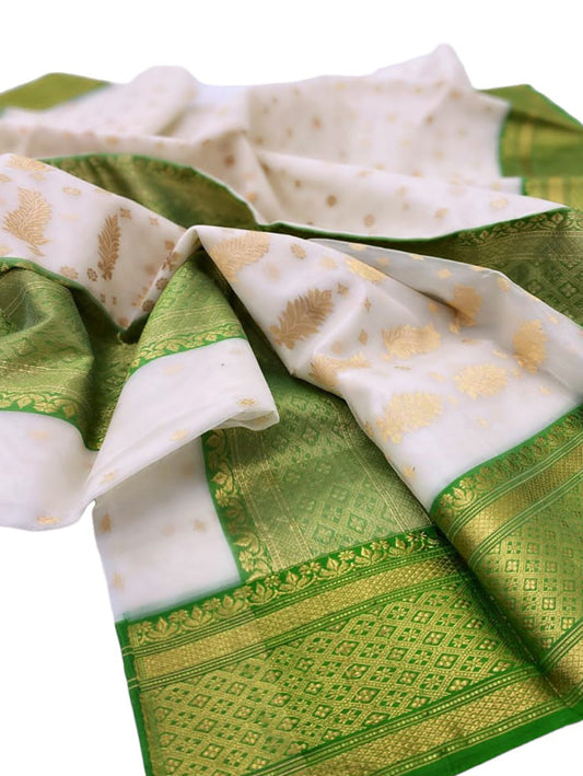 White Chanderi Handloom Pure Katan Organza Silk Saree - Luxurion World