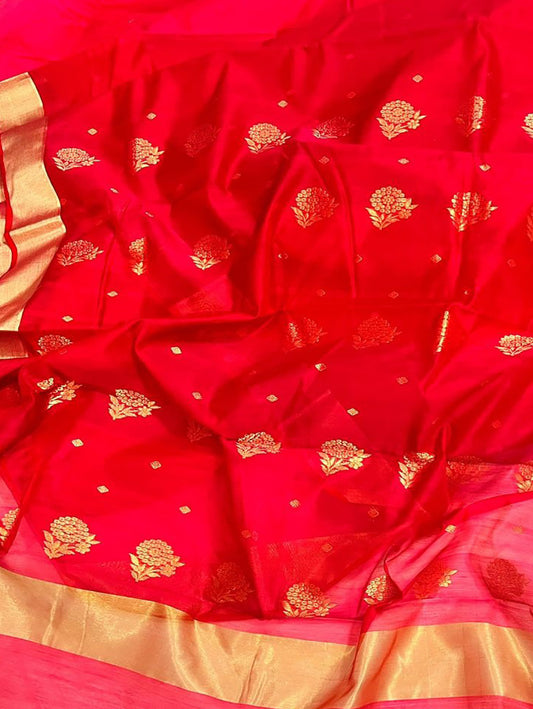 Red Chanderi Handloom Cotton Silk Saree - Luxurion World