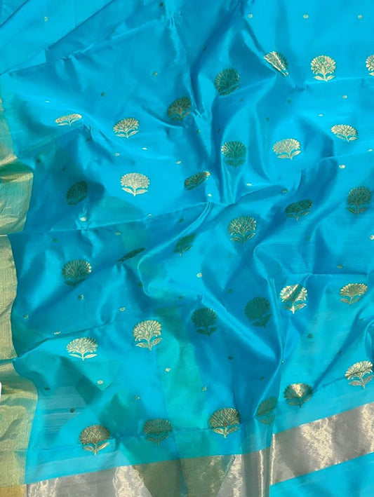 Blue Chanderi Handloom Cotton Silk Saree - Luxurion World