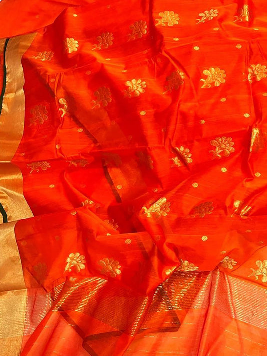 Orange Chanderi Handloom Cotton Silk Saree - Luxurion World