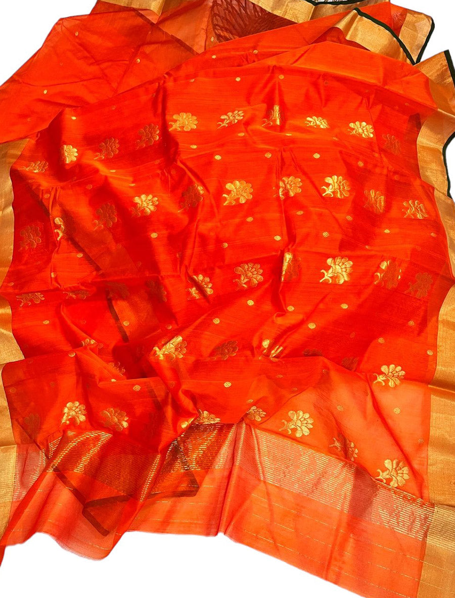 Orange Chanderi Handloom Cotton Silk Saree - Luxurion World