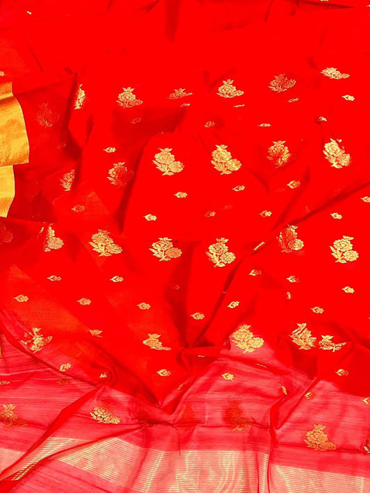 Red Chanderi Handloom Cotton Silk Saree - Luxurion World