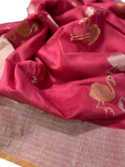 Pink Chanderi Handloom Cotton Silk Saree - Luxurion World