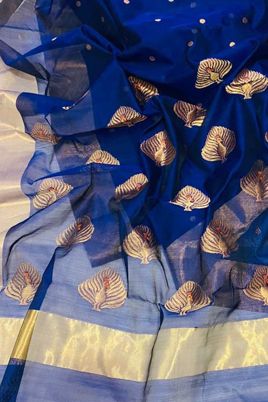 Blue Chanderi Handloom Cotton Silk Saree - Luxurion World