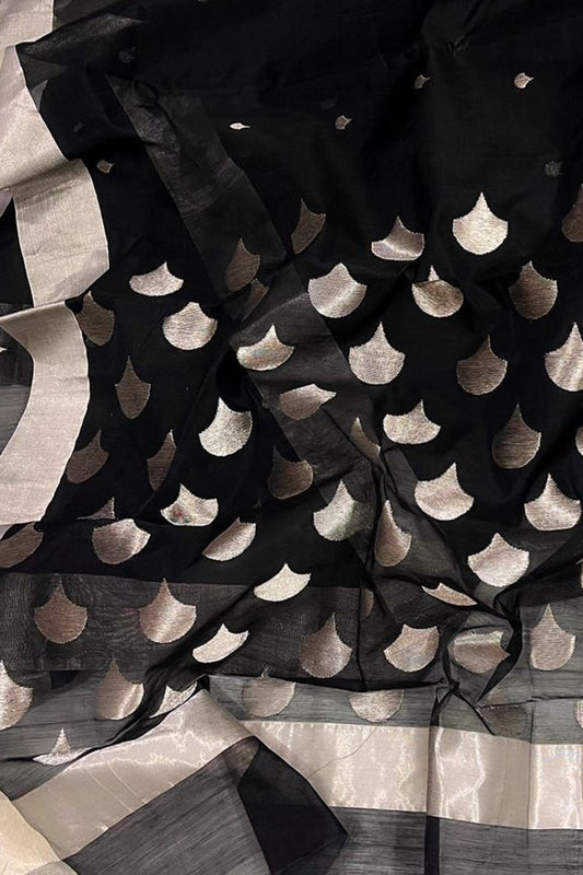 Black Chanderi Handloom Cotton Silk Saree - Luxurion World