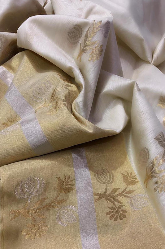 Off White Chanderi Handloom Cotton Silk Saree - Luxurion World