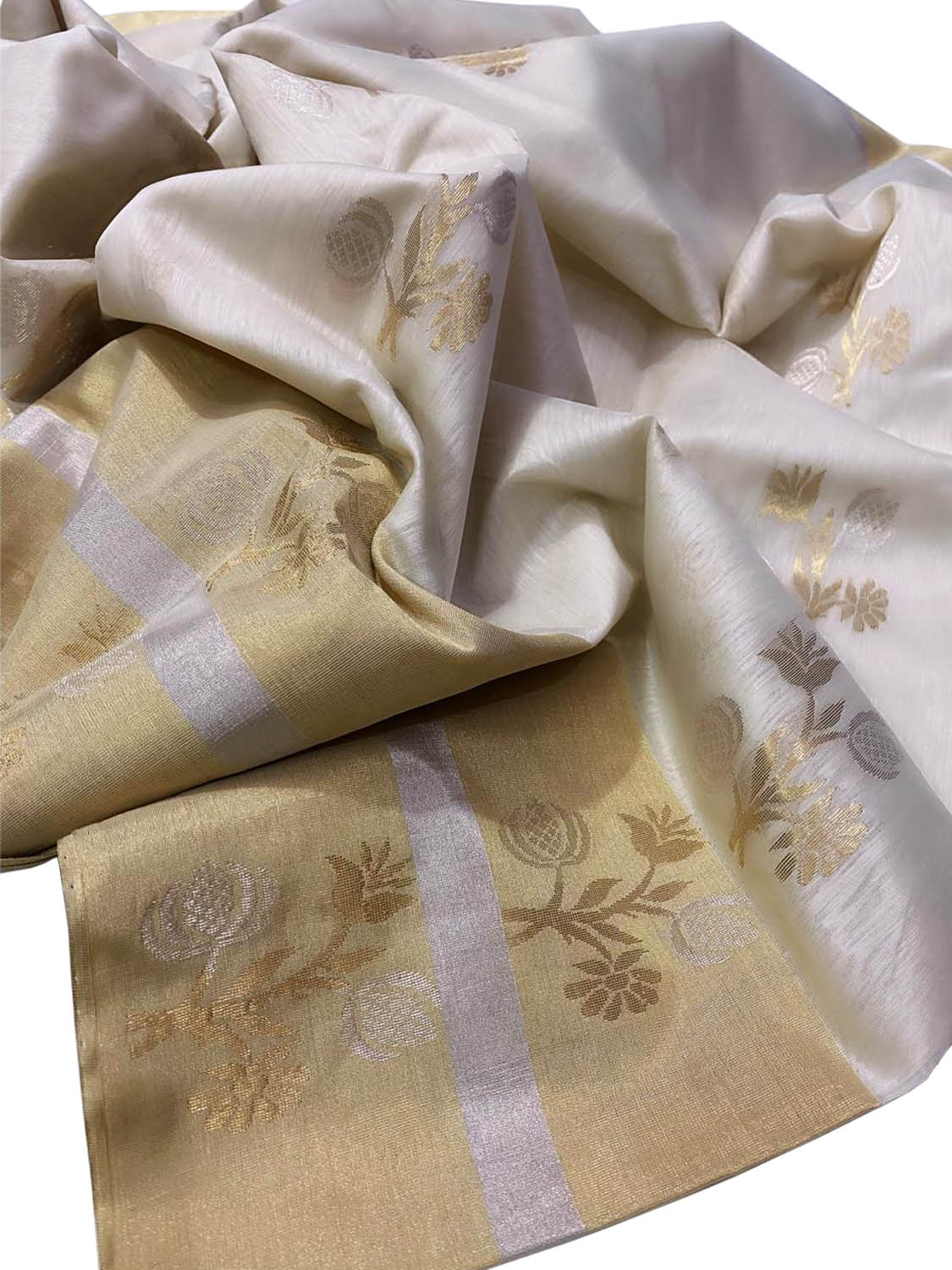 Off White Chanderi Handloom Cotton Silk Saree - Luxurion World