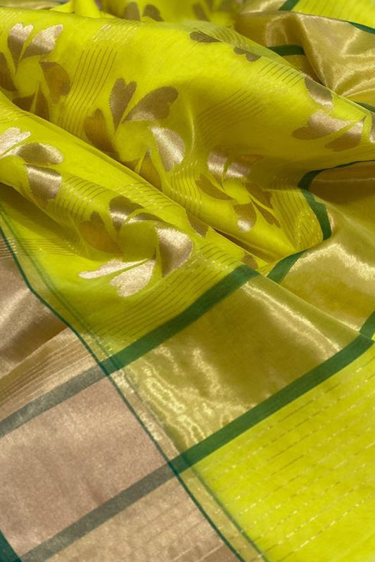 Yellow Chanderi Handloom Pure Katan Silk Saree - Luxurion World