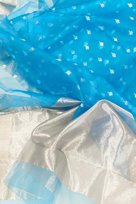 Blue Chanderi Handloom Pure Katan Silk Saree - Luxurion World