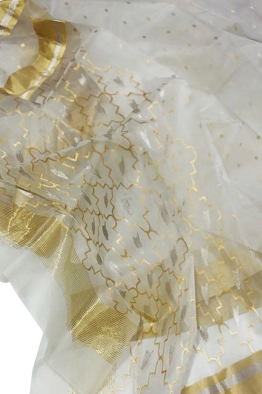 Off White Chanderi Handloom Pure Katan Silk Saree - Luxurion World