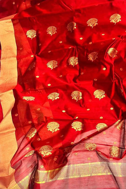 Red Chanderi Handloom Silk Cotton Saree - Luxurion World