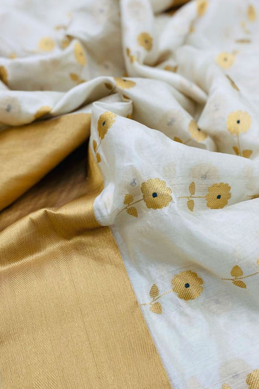 Off White Chanderi Handloom Pure Silk Saree - Luxurion World