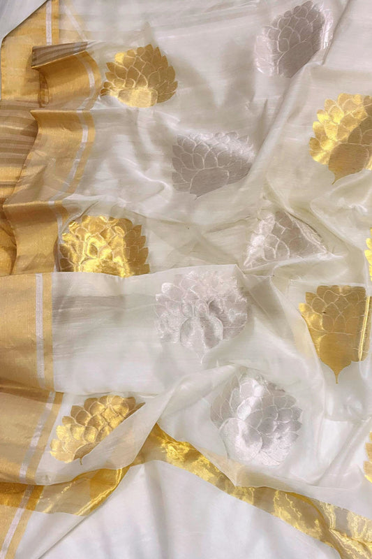 Off White Chanderi Handloom Silk Cotton Saree - Luxurion World