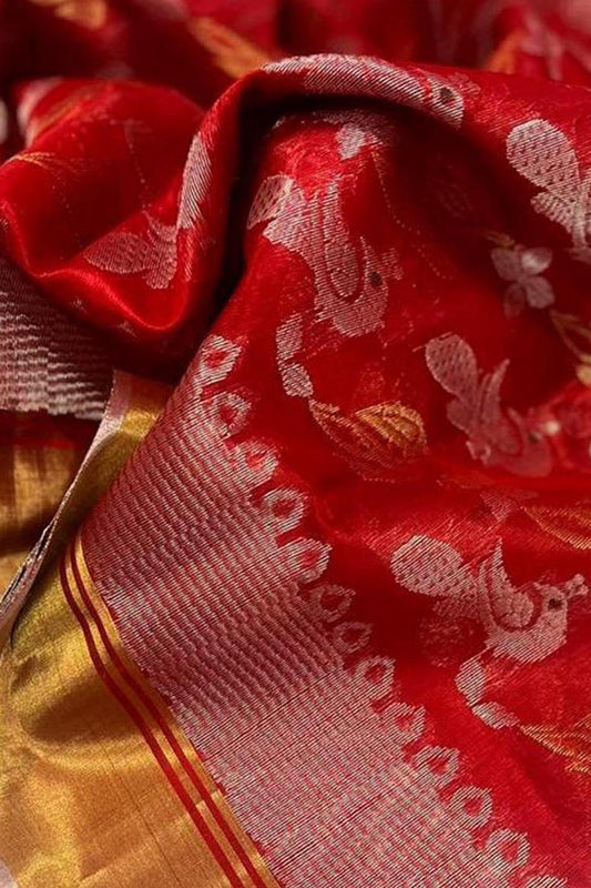 Red Chanderi Handloom Pure Silk Saree - Luxurion World