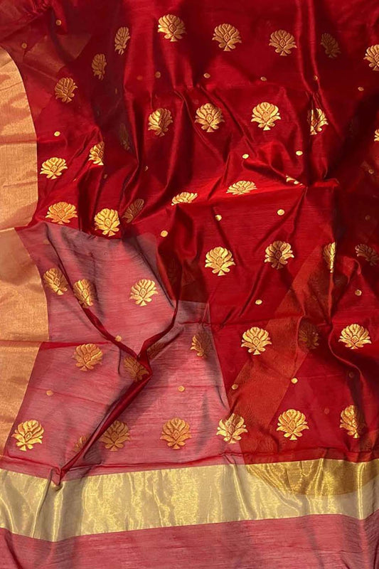 Red Chanderi Handloom Silk Cotton Saree - Luxurion World