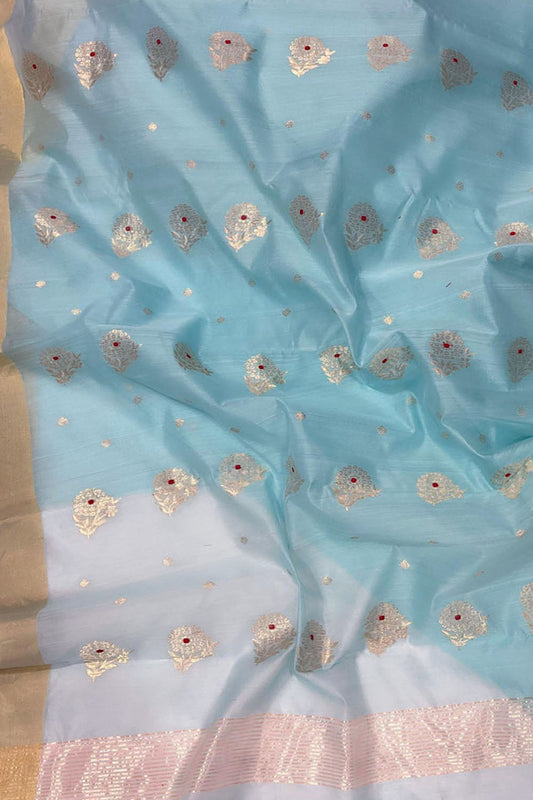 Blue Chanderi Handloom Silk Cotton Saree - Luxurion World