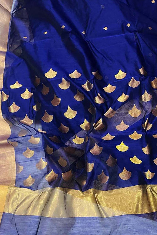 Blue Chanderi Handloom Silk Cotton Saree - Luxurion World