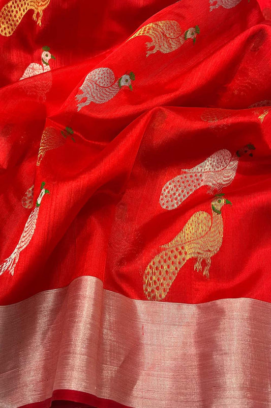 Red Chanderi Handloom Pure Silk Saree - Luxurion World