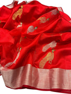 Red Chanderi Handloom Pure Silk Saree - Luxurion World