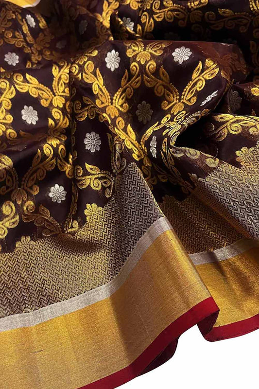 Brown Chanderi Handloom Pure Silk Saree