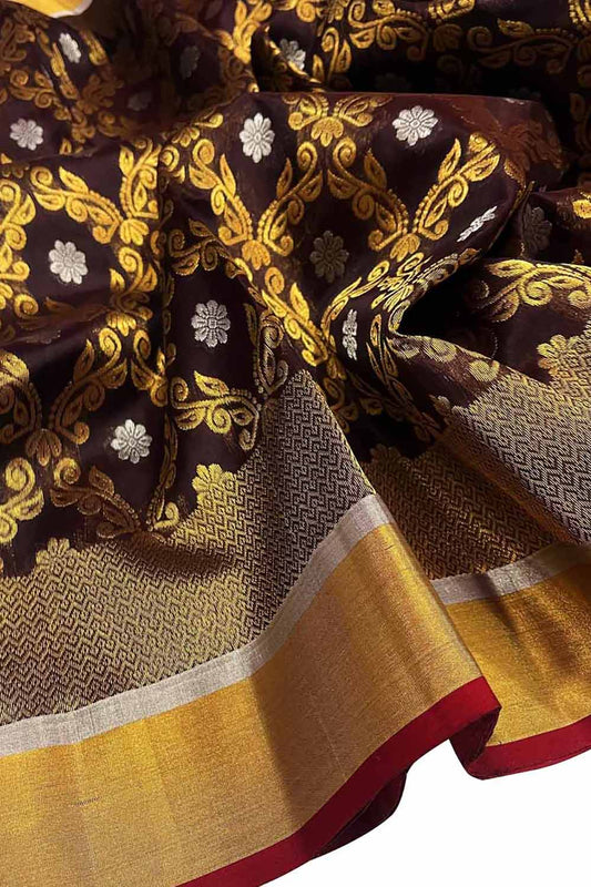 Brown Chanderi Handloom Pure Silk Saree - Luxurion World