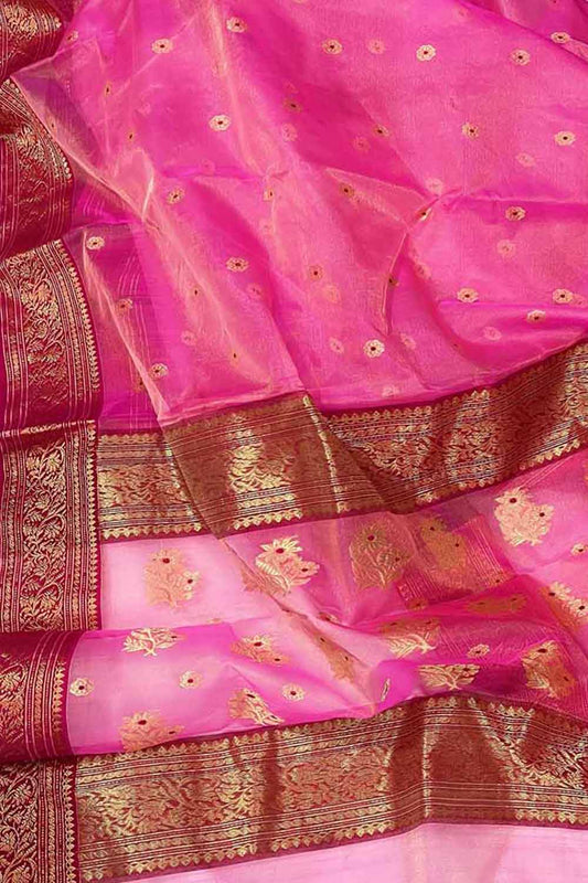 Elegant Pink Chanderi Handloom Tissue Katan Organza Saree: A Timeless Beauty