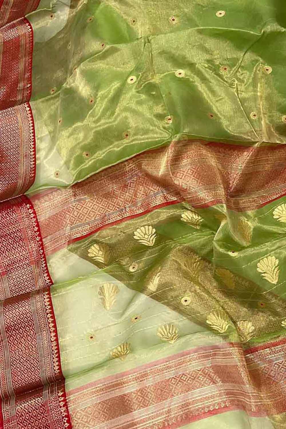 Exquisite Green Chanderi Handloom Tissue Katan Organza Saree - Luxurion World