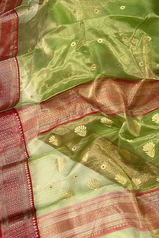 Exquisite Green Chanderi Handloom Tissue Katan Organza Saree - Luxurion World
