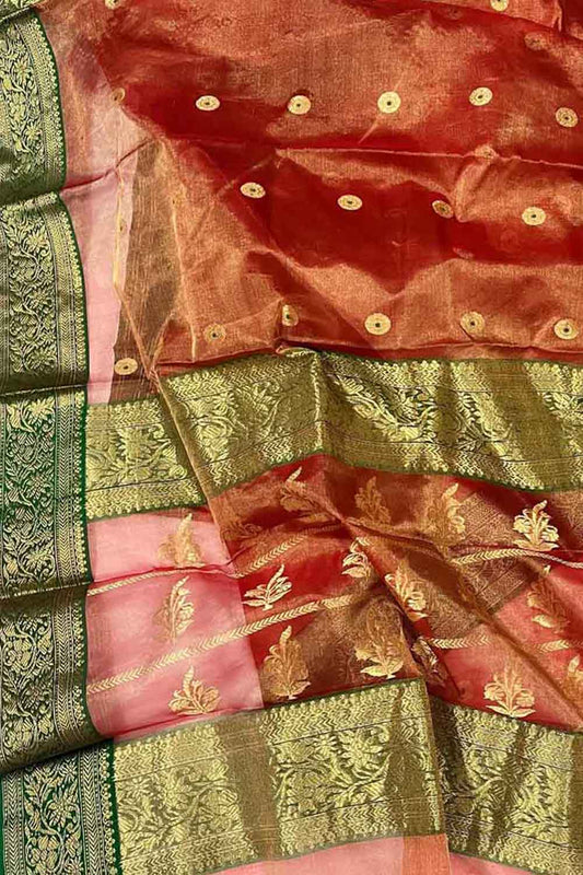 Exquisite Red Chanderi Handloom Tissue Katan Organza Saree - Luxurion World