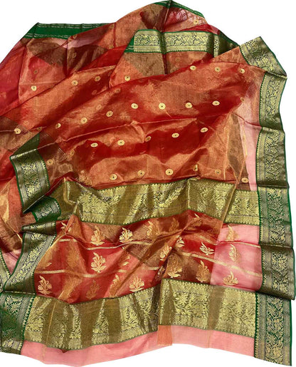 Exquisite Red Chanderi Handloom Tissue Katan Organza Saree - Luxurion World