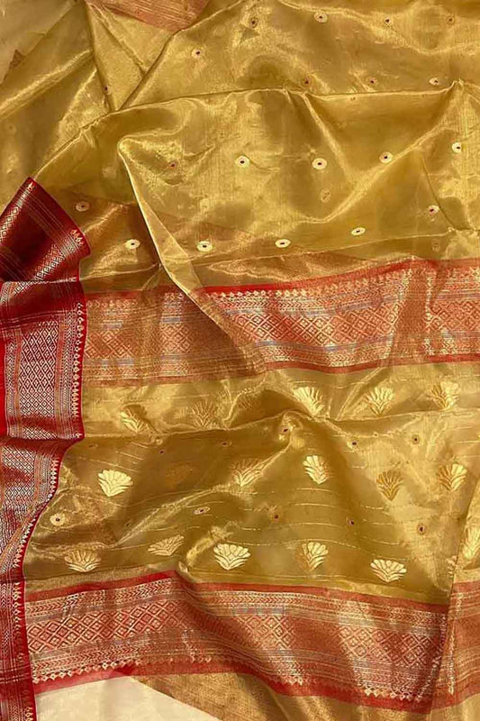 Exquisite Golden Chanderi Handloom Tissue Katan Organza Saree