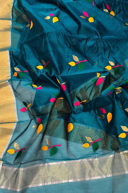 Exquisite Blue Chanderi Handloom Silk Cotton Saree: Timeless Elegance - Luxurion World