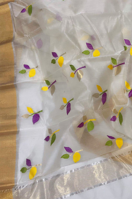 Elegant Off White Chanderi Handloom Silk Cotton Saree - Luxurion World