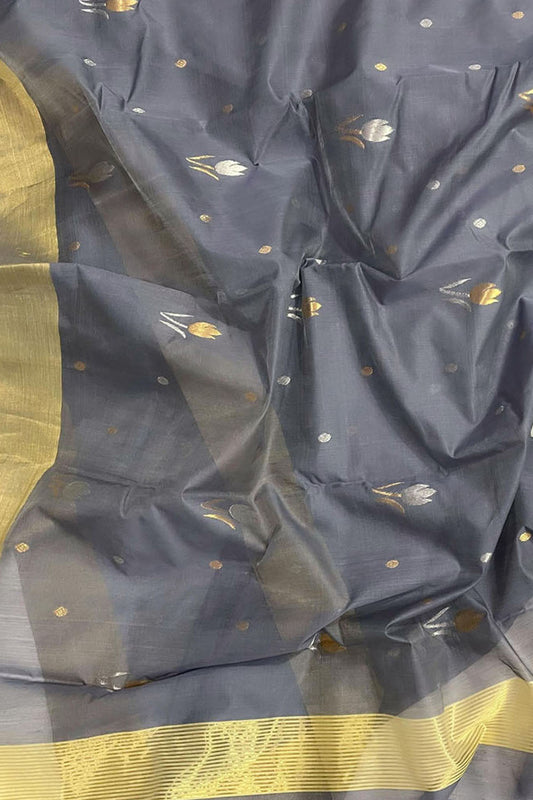 Elegant Grey Chanderi Handloom Silk Cotton Saree - Luxurion World