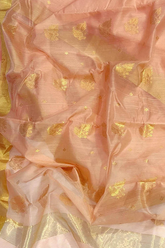Elegant Peach Chanderi Handloom Silk Cotton Saree