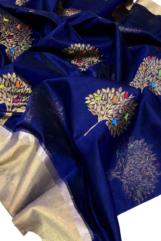 Exquisite Blue Chanderi Handloom Silk Cotton Saree: Timeless Elegance