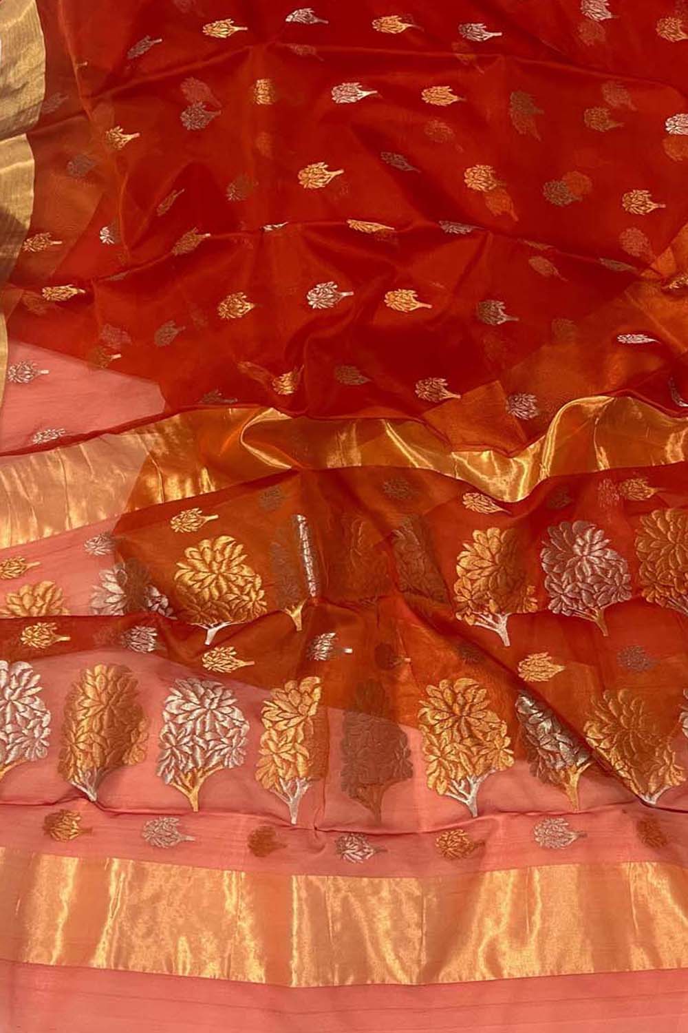 Elegant Orange Chanderi Handloom Pure Katan Organza Silk Saree - Luxurion World