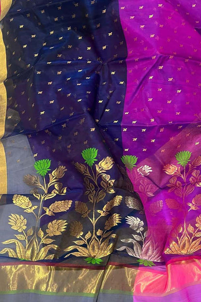 Regal Charm: Exquisite Purple & Blue Chanderi Handloom Silk Saree - Luxurion World