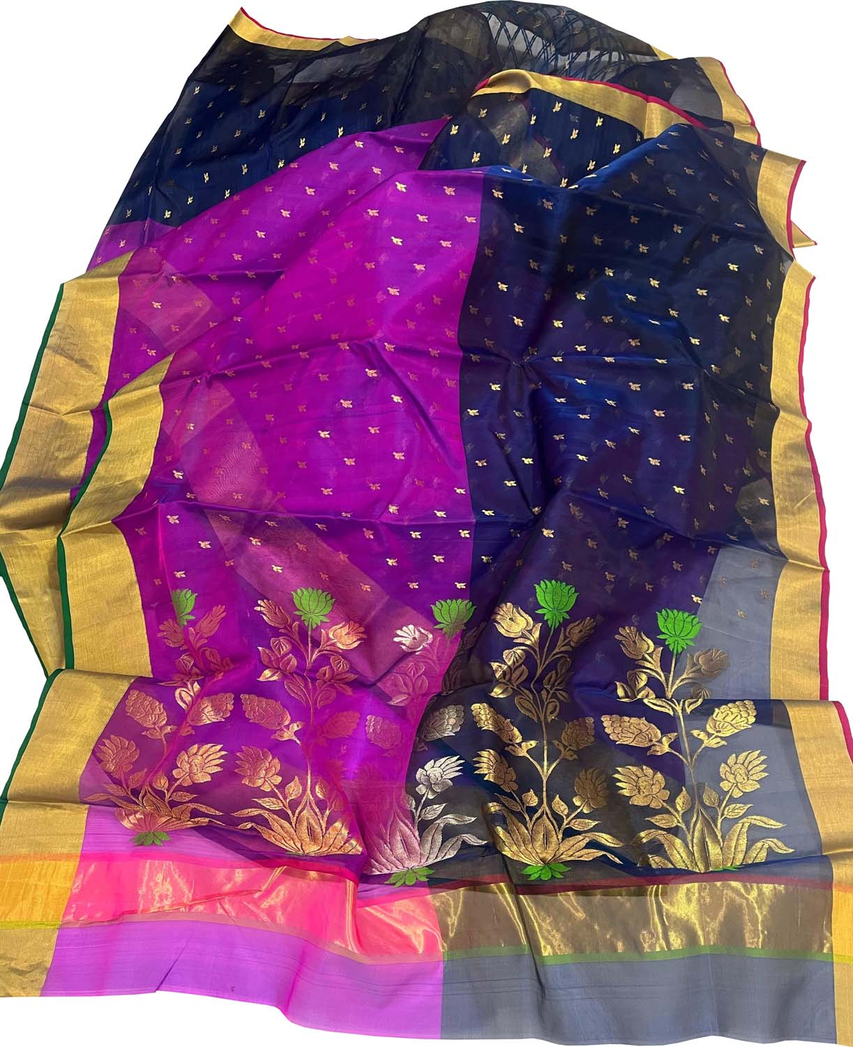 Regal Charm: Exquisite Purple & Blue Chanderi Handloom Silk Saree - Luxurion World