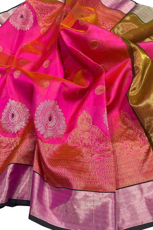 Elegant Pink Chanderi Handloom Pure Silk Saree - Luxurion World