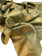 Timeless Classic: Elegant Greyish Green Chanderi Handloom Silk Saree - Luxurion World