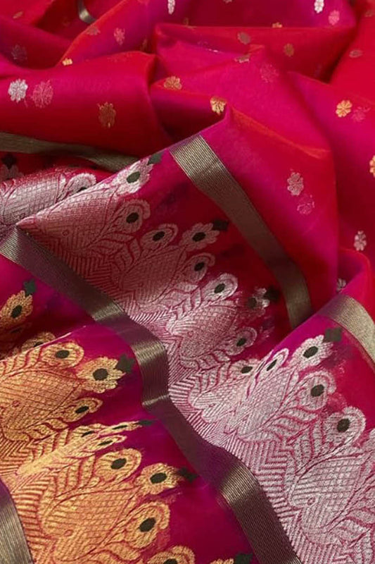 Elegant Pink Chanderi Handloom Pure Katan Organza Silk Saree