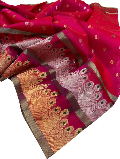 Elegant Pink Chanderi Handloom Pure Katan Organza Silk Saree - Luxurion World