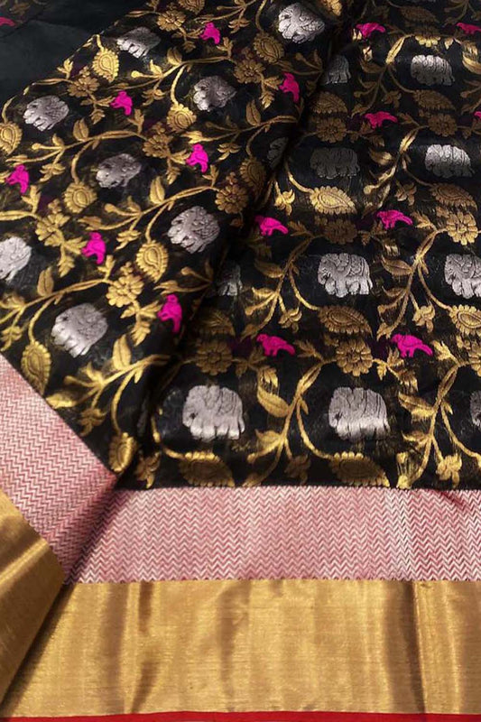 Classic Black Chanderi Pure Silk Saree - Timeless Elegance - Luxurion World