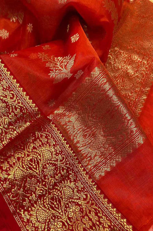 Red Chanderi Handloom Katan Organza Silk Saree - Luxurion World