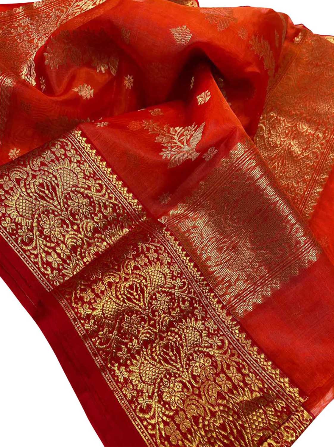 Red Chanderi Handloom Katan Organza Silk Saree - Luxurion World