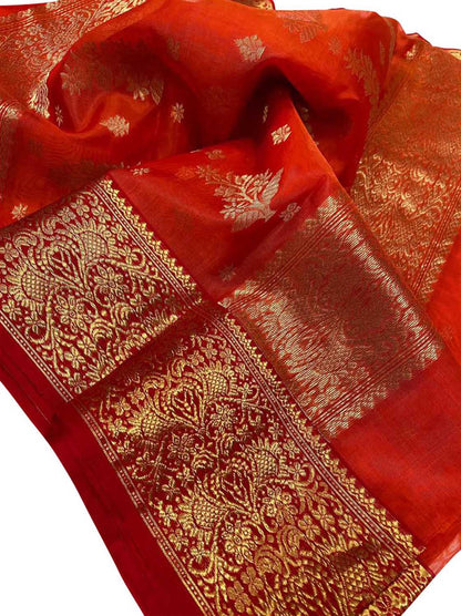 Red Chanderi Handloom Katan Organza Silk Saree - Luxurion World