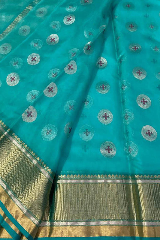 Elegant Blue Chanderi Handloom  Katan Organza Silk Saree - Luxurion World